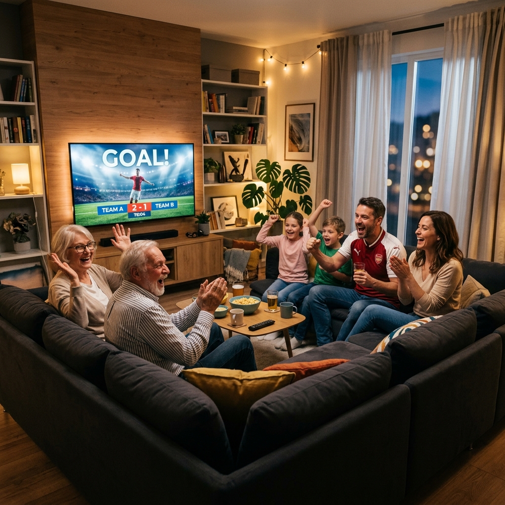Vrienden en familie vieren samen een doelpunt tijdens een internationale voetbalwedstrijd